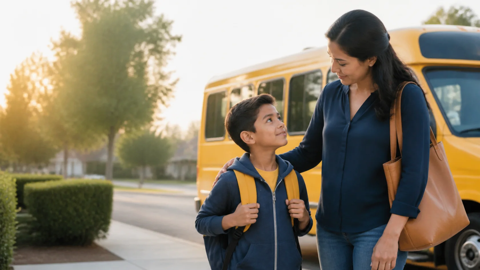A parent and child preparing for a school ride beside a school vehicle