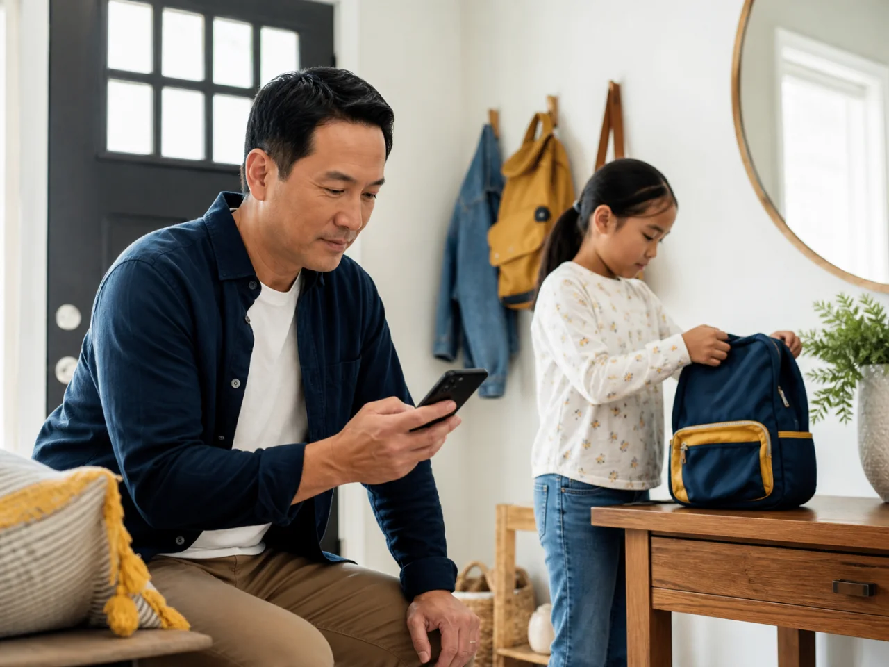 A parent checking school information on a phone while a child prepares a backpack